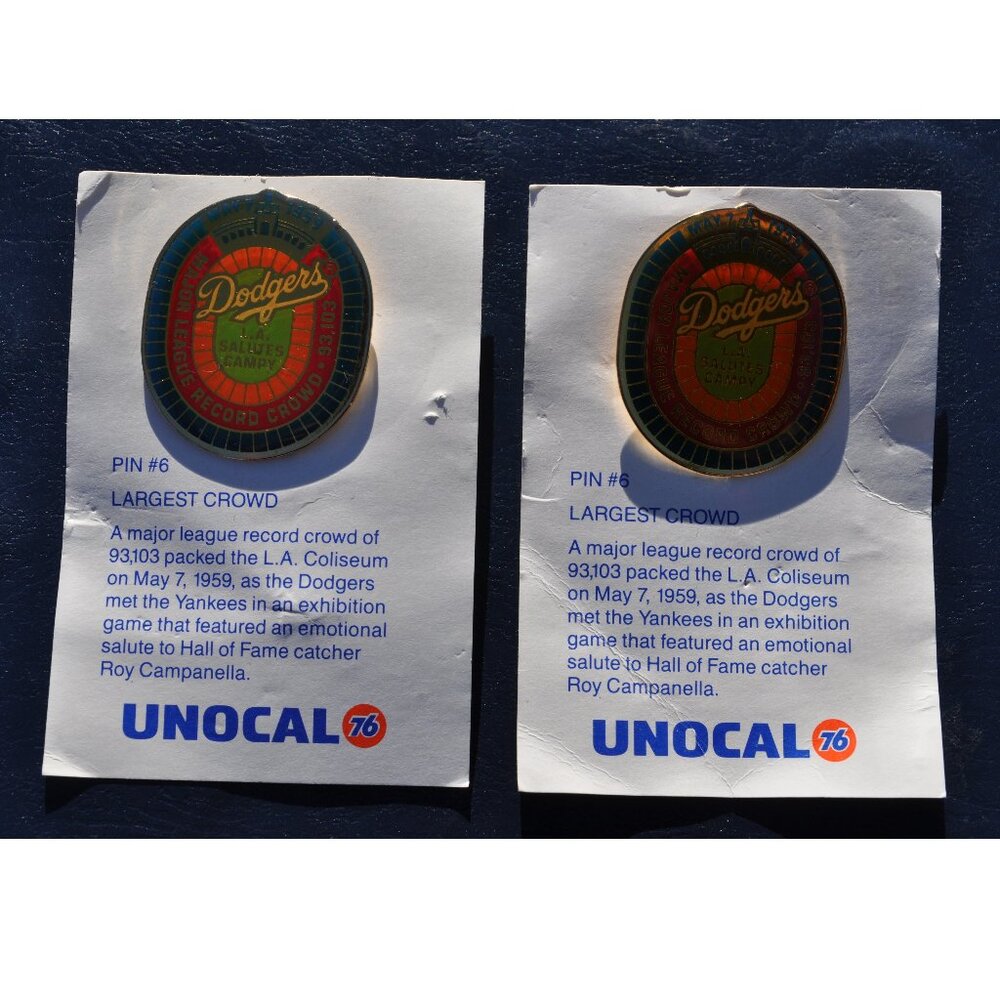 Baseball 1959 Vintage Sports Pins UNOCAL 76 LA. Dodgers Stadium Milestones Pins